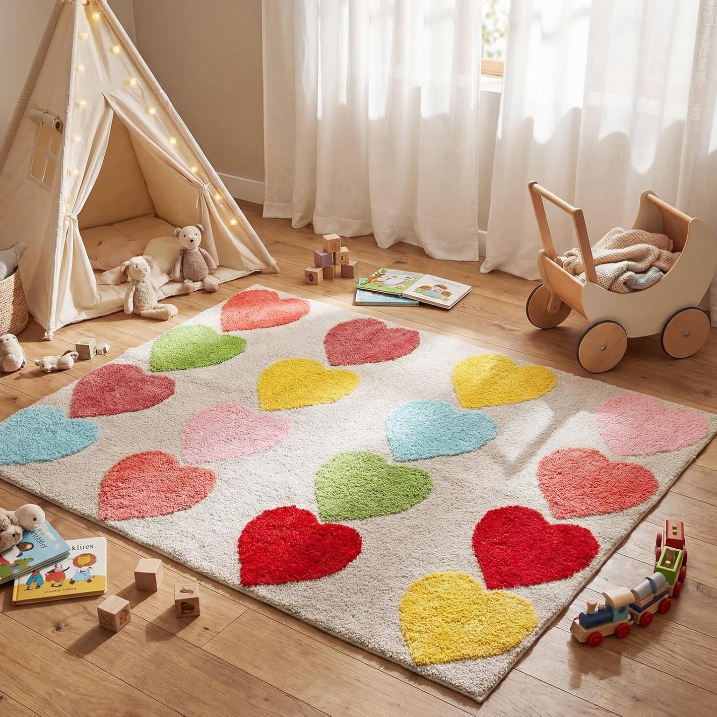 Nuanchu 3D Calm Corner Classroom Rug 3x5 ft Washable Calming Corner Rug Non-Slip Soft Fluffy Large Preppy Heart Area Rugs Motivational Space Floor Carpet for Nursery Playroom Reading Home Decor