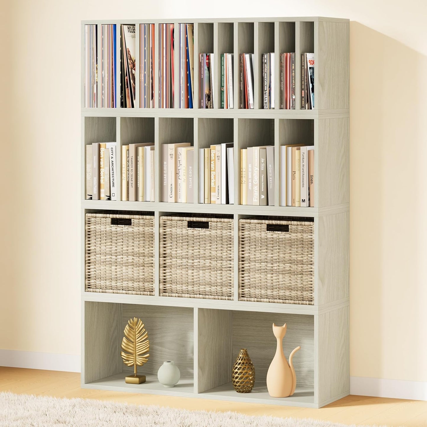 IOTXY DIY Modular Cube Bookcase - CubeXY Customizable Stackable Expandable Combination Set, 23-Cube Open Bookshelf for Books, Fabric Storage Bin, and 7/10-inch Vinyl Record Organizer, Oak