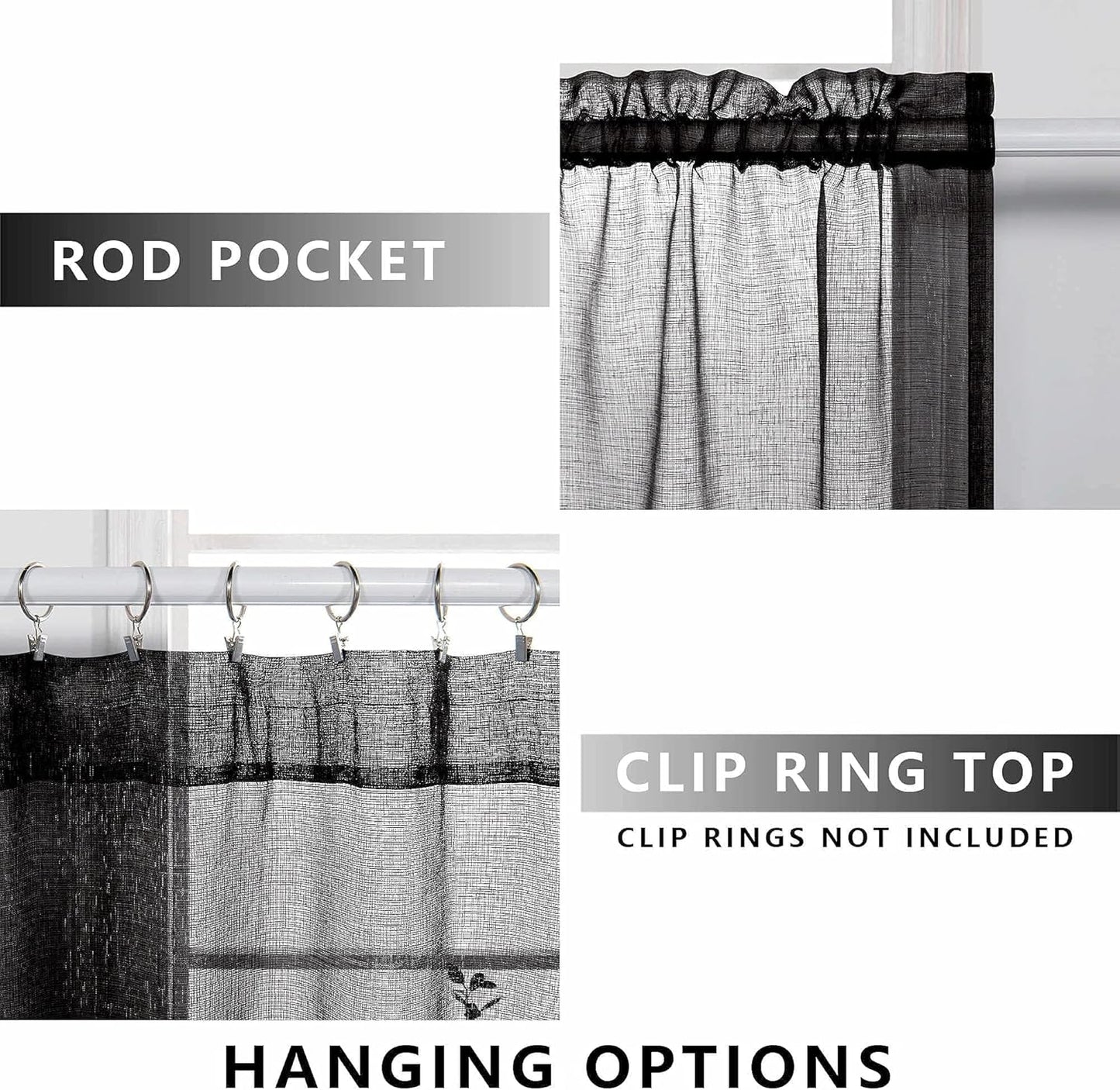 KOUFALL Sheer Black Curtains for Bedroom 2 Panels,Boho Window Curtains for Bathroom Kitchen Living Room 63 Inch Length