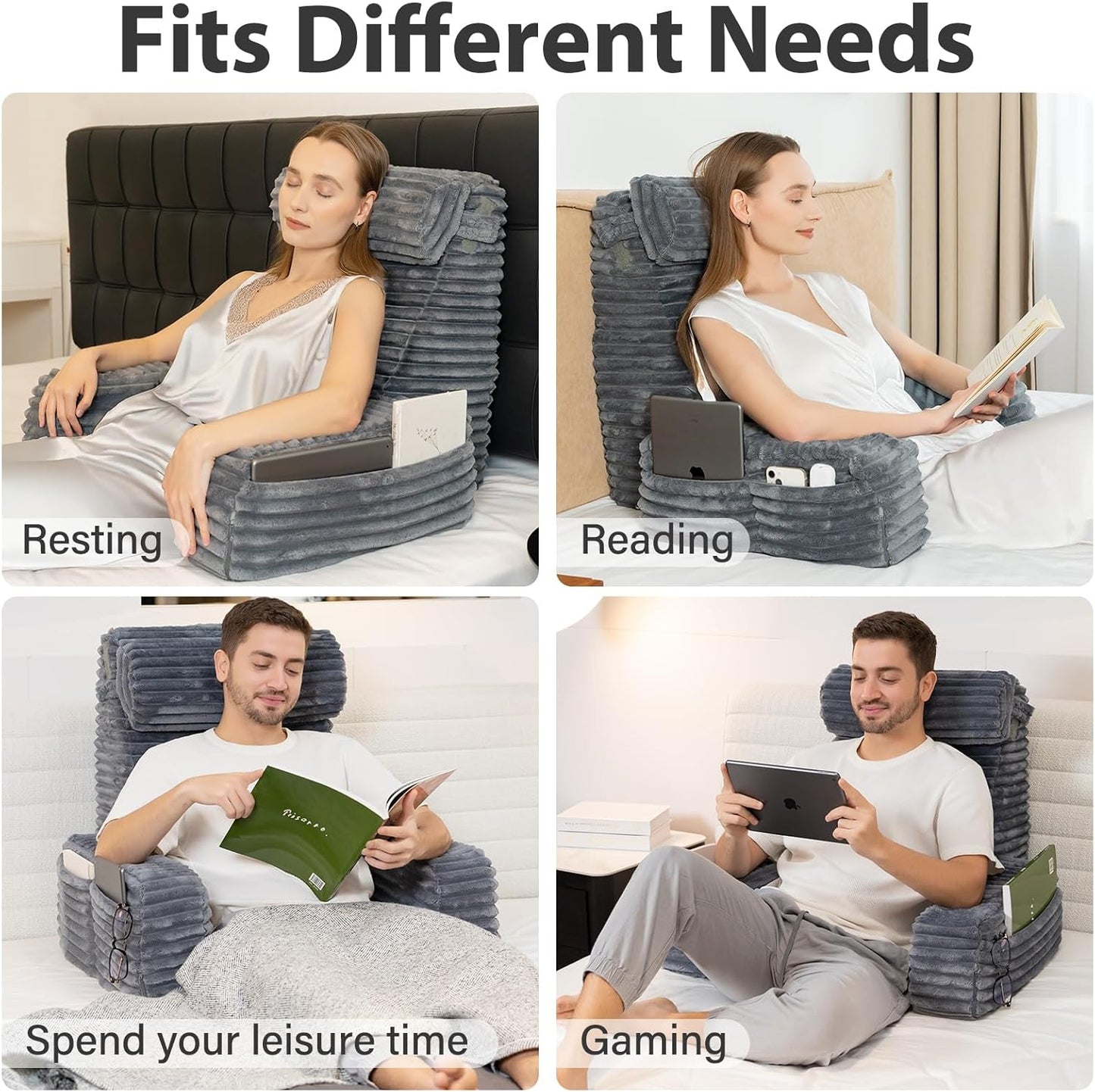Back Pillow for Bed Sitting Up — 22" XL with Armrests, Big Pockets, Soft Support Chair (Dark Grey)