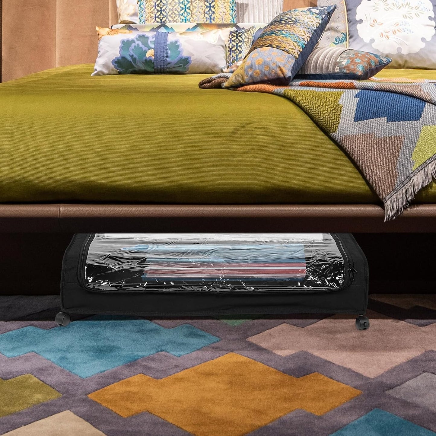 PRETYZOOM Bed Storage Drawers with Lid and Wheels, Large Black Iron Frame Clothes Organizer with Fabric Base, Rolling Underbed Storage Cart for Clothes, Shoes, and Books
