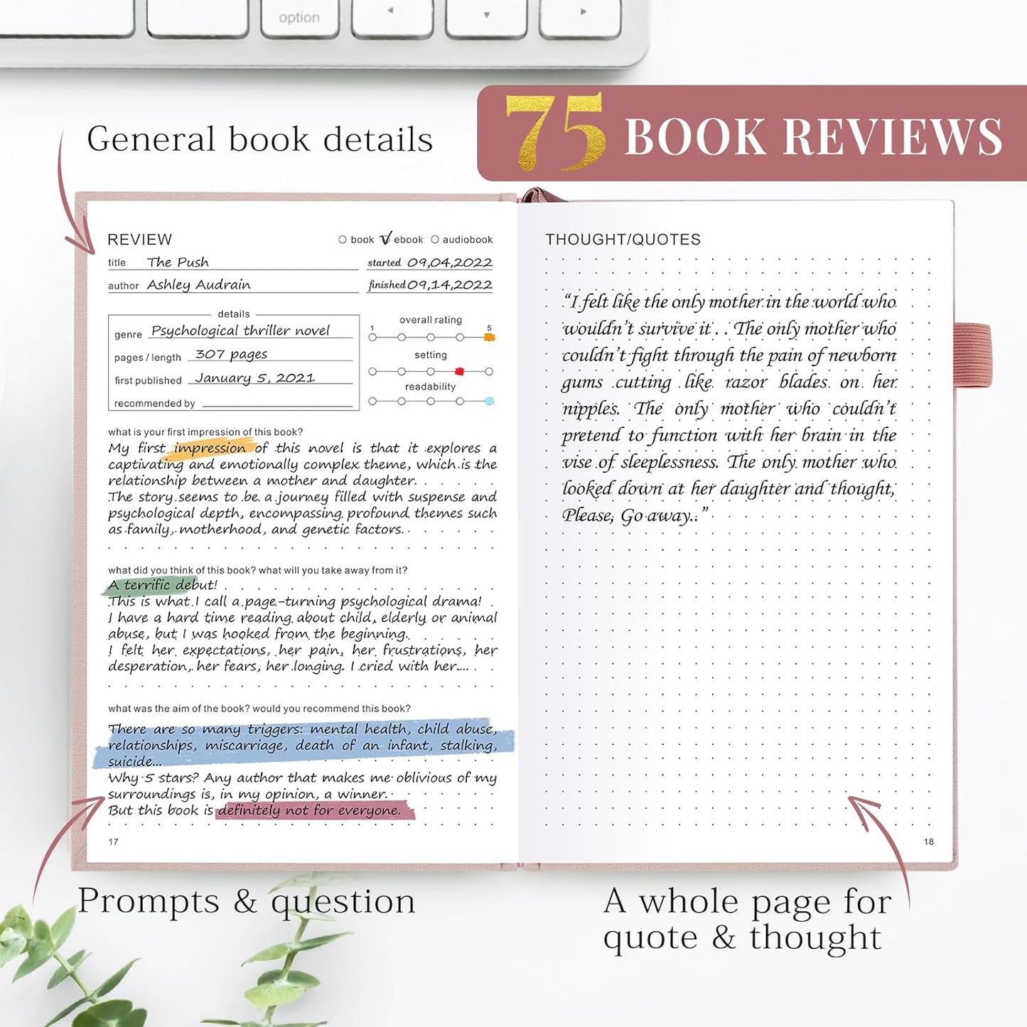 Reading Journal A5- Book Log for 75 Reviews & Progress Tracking - Gift for Book Lovers -Rose Gold
