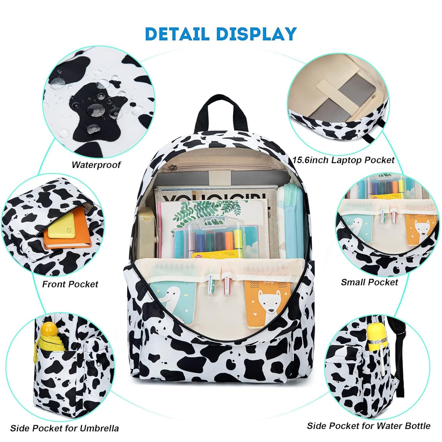 Cow Print Girls School Backpack for Kids Teens, Elementary Middle School Backpacks Bookbag Set with Lunch Bag Pencil Case