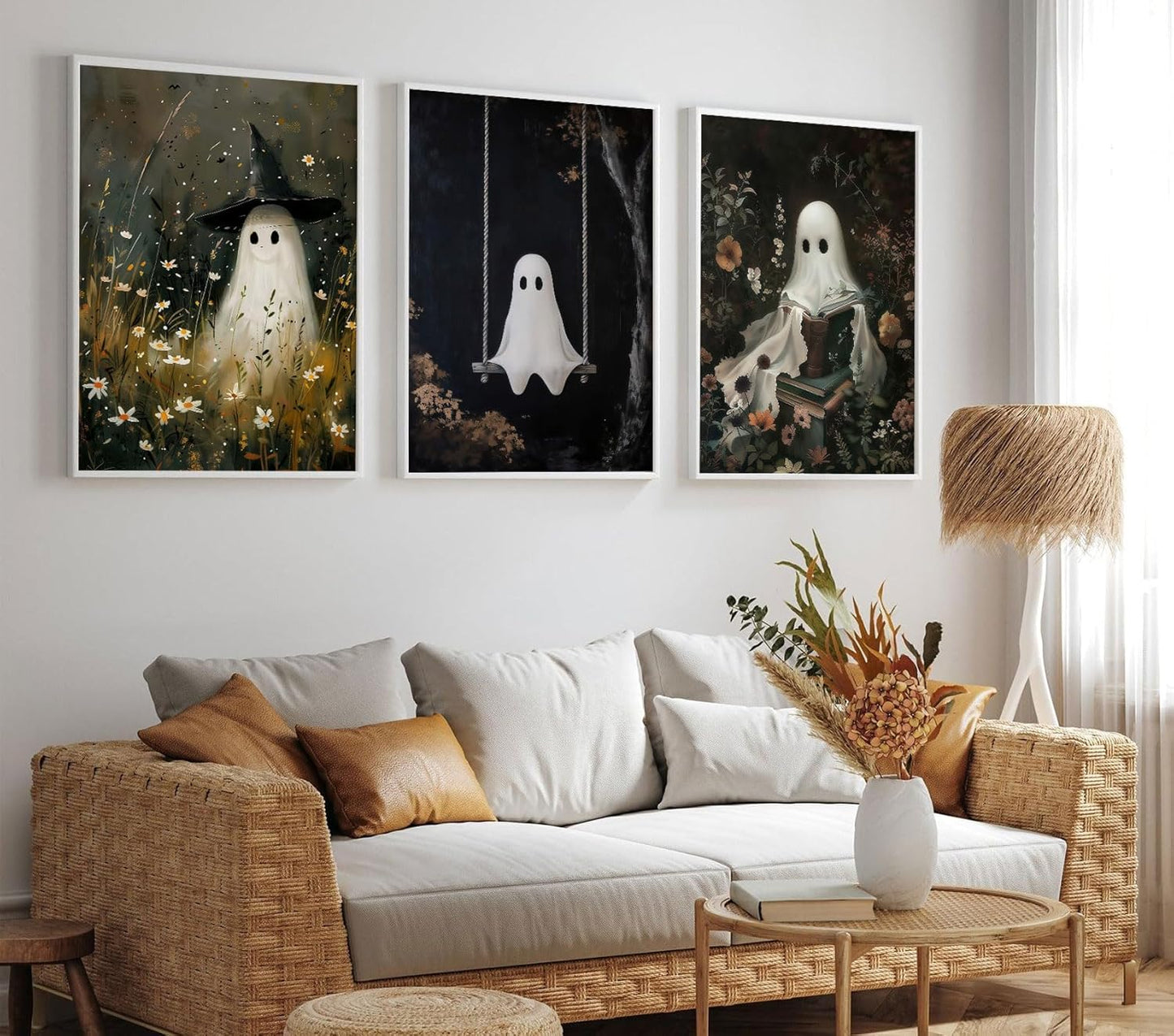 RERNIE et of 3 Ghost Wall Art Witch Poster Halloween Bathroom Decor, Gothic Dark Academia Canvas Wall Art, Funny Bathroom Pictures, Spooky Horror Home Decor 12x16 Inch Unframed