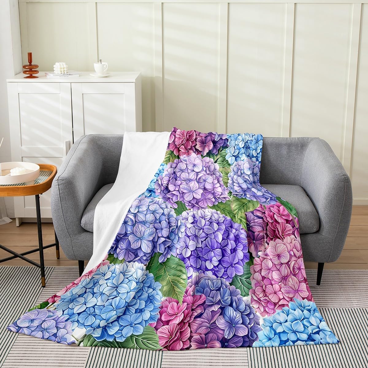 Erosebridal Hydrangea Blanket Throw 50x60,Rainbow Groovy Floral Throw Blankets,Watercolor Vintage Flowers Flannel Blanket,Spring Summer Vibrant Blossom Decor,Blue Purple,Lightweight