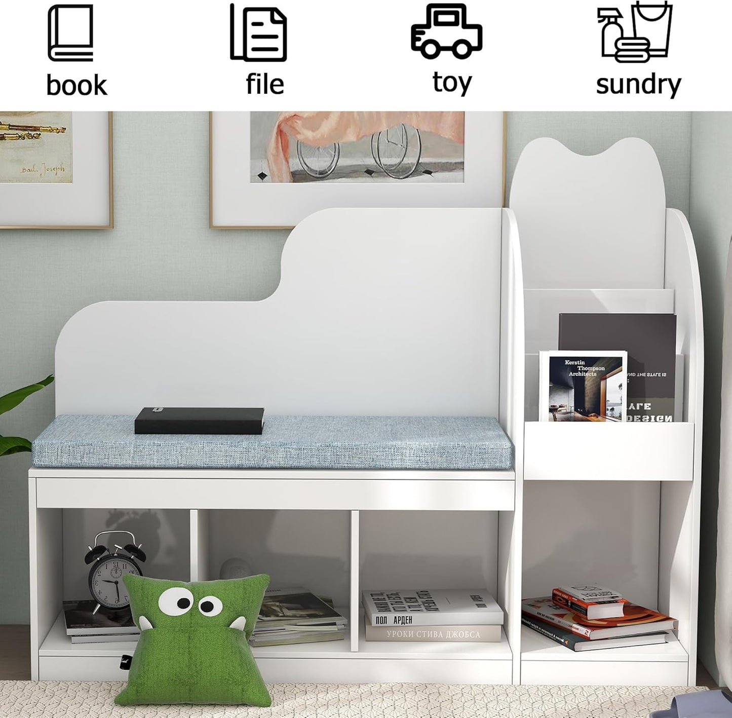 TaoHFE Reading Nook for Kids with 4 Storage Cubes and Cushion, Kid Bench with Kids Bookshelf and Toy Storage, Multifunctional Kids Reading Nook for Living Room, Kid Room, Nursery, White