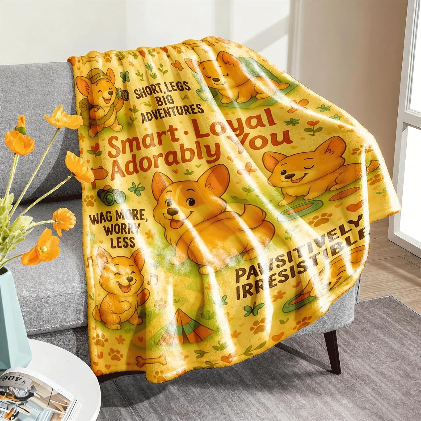 Corgi Blanket 60x50, Soft Flannel Fleece Throw, Cartoon Camping Dog Print, Cozy Couch Sofa Bed Decor, Gift for Corgi Lovers, Kids Teens Women, Machine Washable