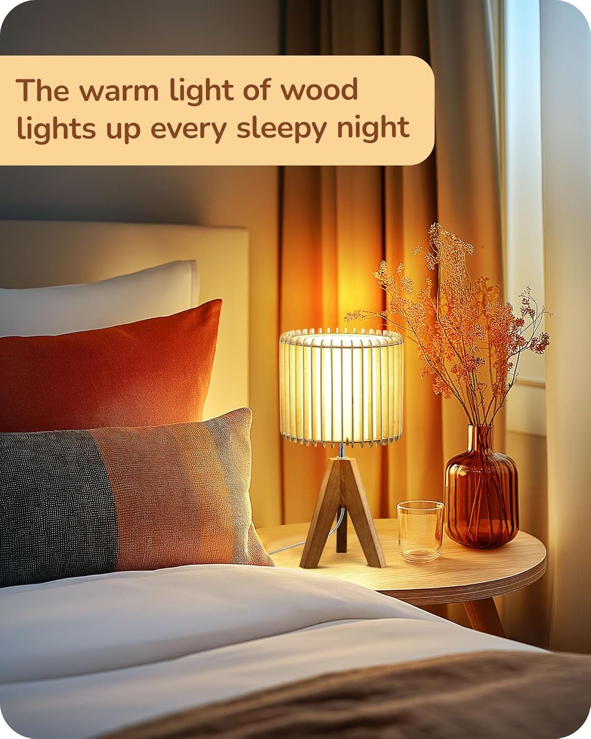 EDISHINE 14.17" Small Table Lamp, Wood Tripod Bedside Lamp, Natural Wood-Colored Hollow & White PVC Shade, E26 Base, Boho Nightstand Lamp for Bedroom, Living Room, Office, Study