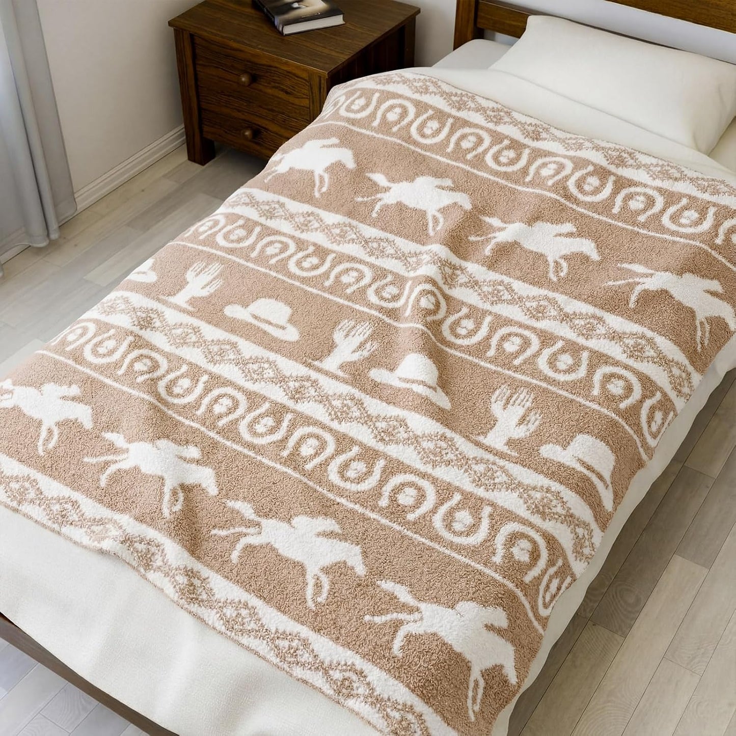 Buryeah 50×60 Inch Western Rodeo Reversible Knitted Throw Blanket, Southwestern Cowboy Knit Throw Blanket, Horse Horseshoe Pattern Rustic Ranch Decor Gift for Couch Sofa Bed