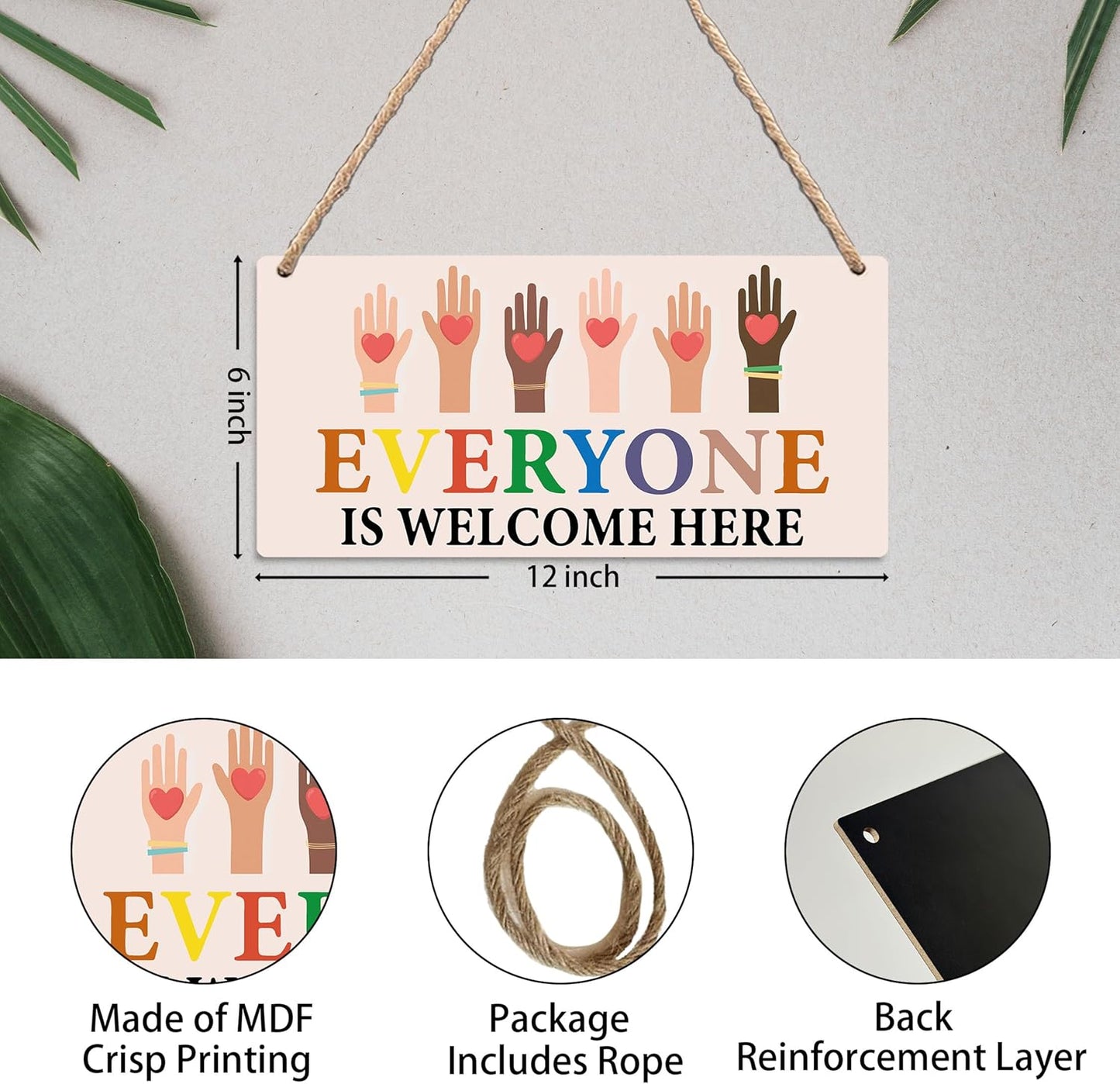 Everyone Is Welcome Here Sign - Classroom Playroom Reading Corner Wall Decor, Boho Rainbow Classroom Wooden Hanging Welcome Sign for Nursery School 12x6 Inches