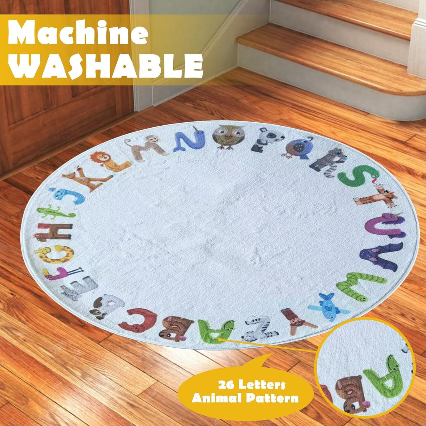 4ft Round ABC Kids Play Rug - Soft Crawling Mat, Non Slip Alphabet Educational Rug for Toddlers, Baby, Nursery, Playroom, Classroom, Bedroom Decor