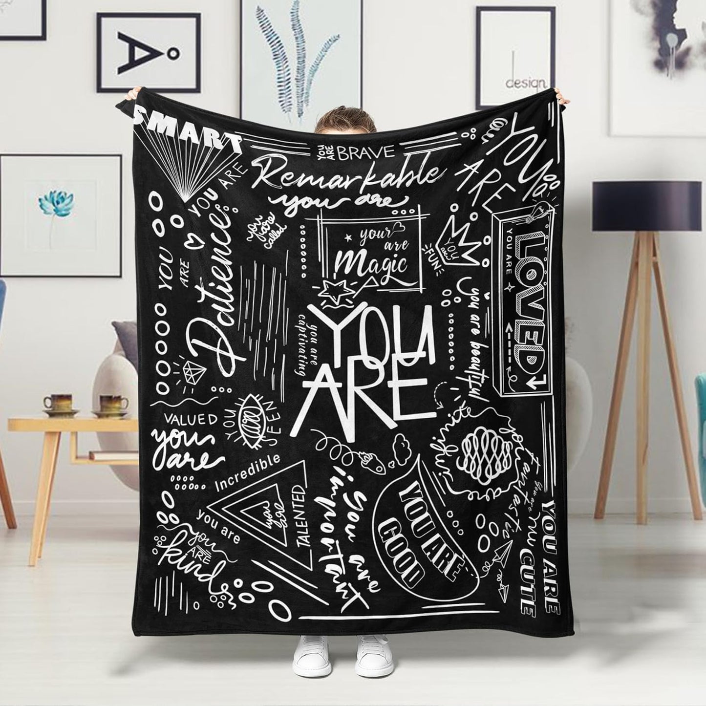 Inspirational Quote Throw Blanket, Positive Psychological Hint Word You are Cozy Decor Nap Cash Blankets Gift for Teens Kids Children Student College Dorm Throws White and Black 40×50 inches