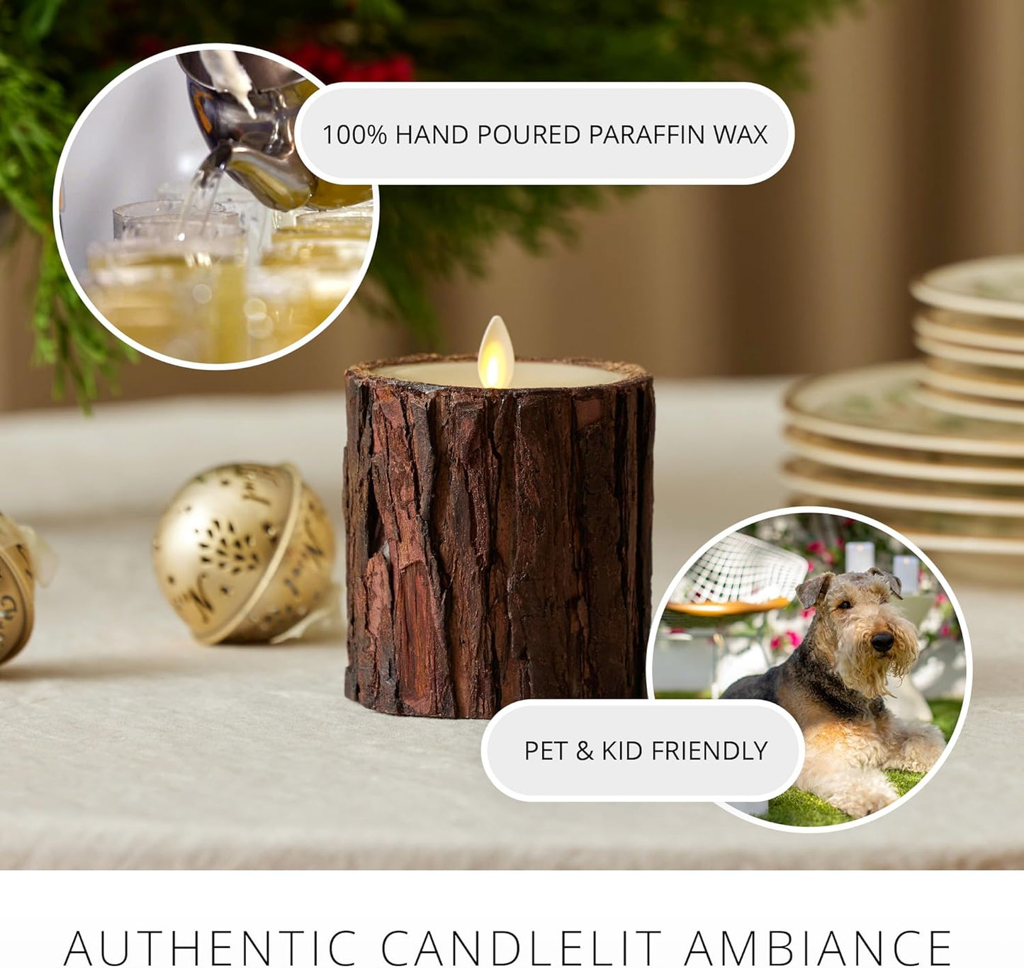 Luminara Real Bark Flameless LED Candle, Ivory 3.5" x 4.5", Moving Flame Battery Operated with Timer, Realistic Wax Pillar for Home Decor, Indoor Safe