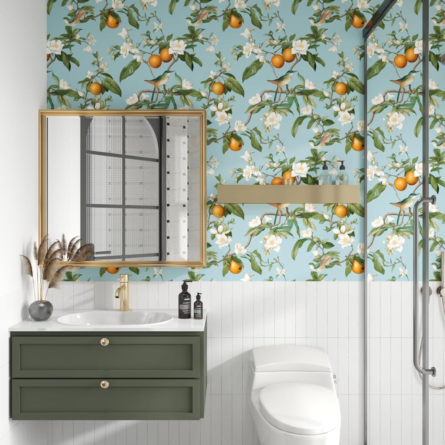 Blue Floral Wallpaper Peel and Stick, Vintage Bird Leaf Fruit Contact Paper, Self Adhesive Removable Retro Wall Mural Wall Paper for Room Walls Shelves Cabinet Table Decor 17.5" x 118"