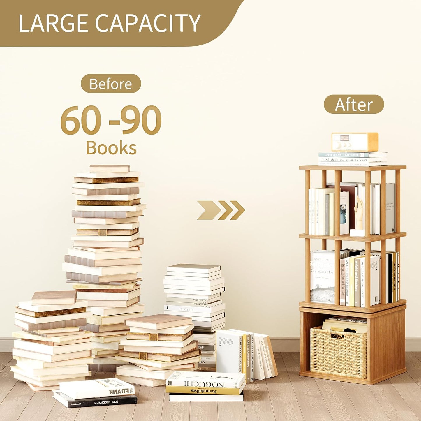 IOTXY 3-Tier Rotating Bookshelf Tower - Beech Wood Frame Spinning Bookcase with Storage Base, Compact Freestanding Revolving Shelf Organizer, Oak