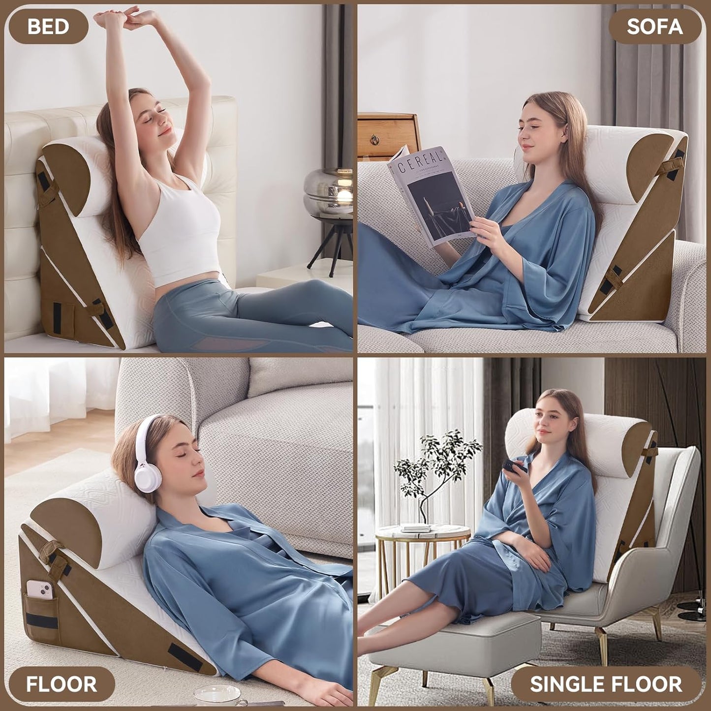 Wedge Pillow Set for After Surgery, 3 PCS Bed Wedge Pillow for Sleeping, Memory Foam Orthopedic Back Pillow for Pain Relief and Acid Reflux, Adjustable Post Surgery Pillow Brown