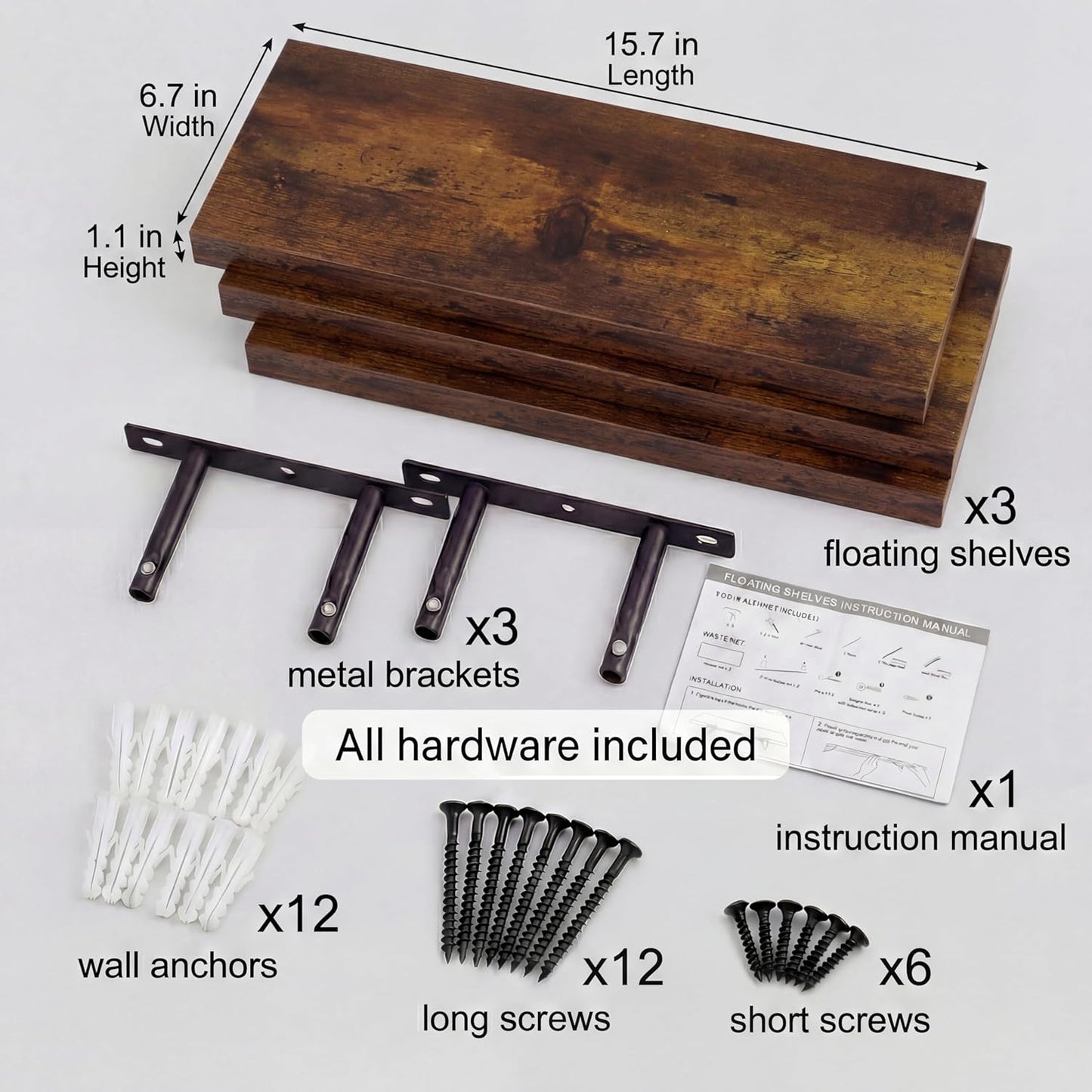 16 Inch Oak Floating Shelves Set of 3, Brown Wall Mounted Shelves with Hidden Brackets, Thin Floating Shelves for Wall Decor, Kitchen Bathroom Bedroom Office