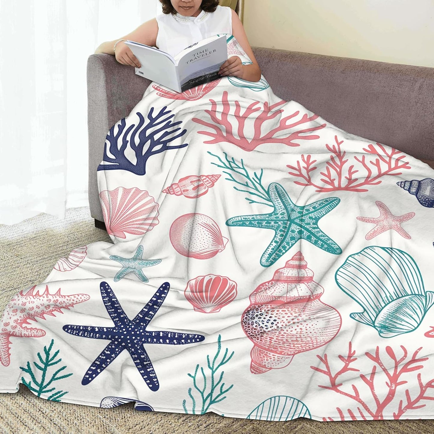 Ocean Shell and Starfish Throw Blanket, Summer Blanket Throw for Adults, Lightweight Soft Cozy Blanket for Couch Sofa Bed Room Decor 50x60 Inches