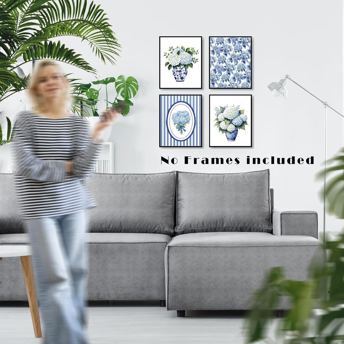 LUKIPOM Chinoiserie Hydrangea Floral Wall Art Posters Set of 4, Grandmillennial Home Decor, Blue and White Porcelain Hydrangea Flower Canvas Prints Artwork Wall Decor, 8x10 Unframed