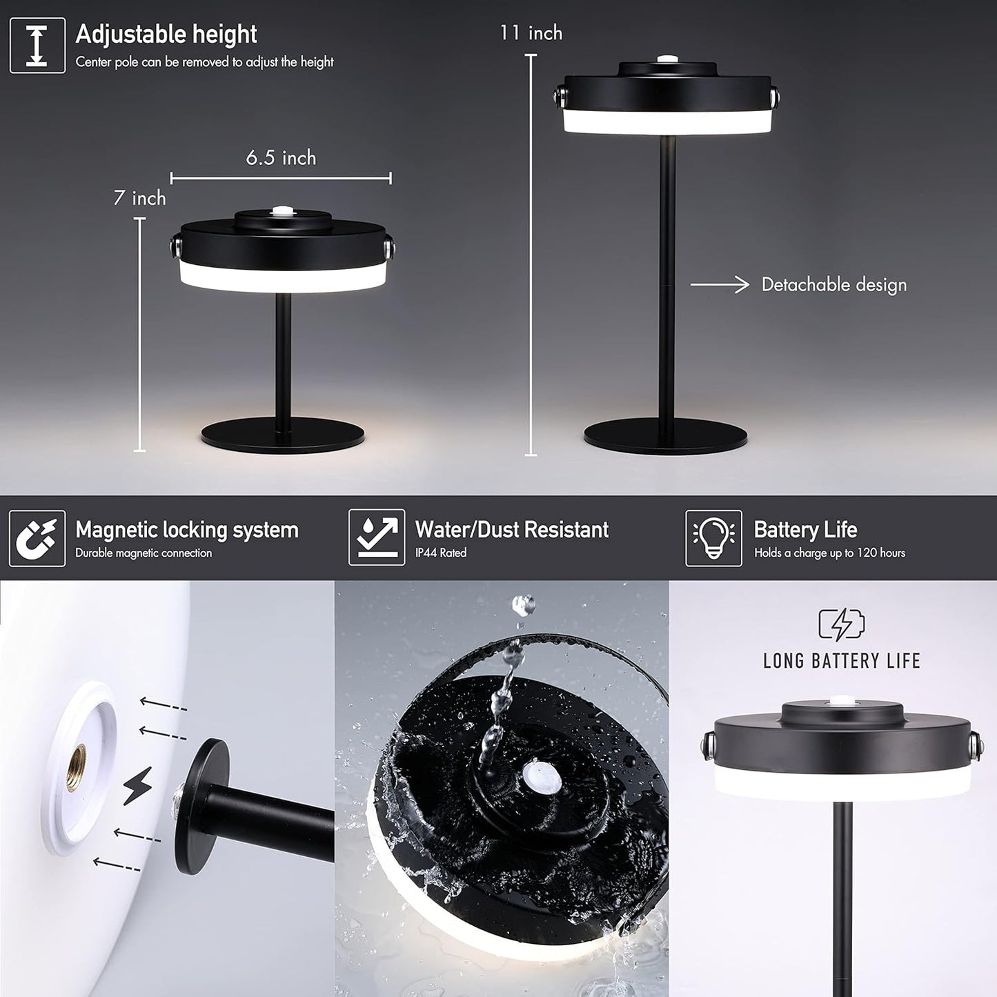 O’Bright Thurlow - Portable LED Lamp for Outdoor/Indoor, Built-in Rechargeable Battery, IP44 Water Resistant, Adjustable Height, Travel Light, Camping Lantern, Patio Table Lamp, Night Lamp, Black