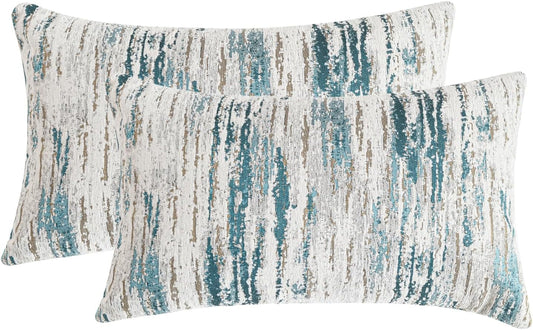Lumbar Pillow Covers 12x20 Inch Set of 2 - Chenille & Jacquard Textured Cushion Covers with Abstract Striped Design - Modern Coastal Decor in Cream Beige & Teal Ombre