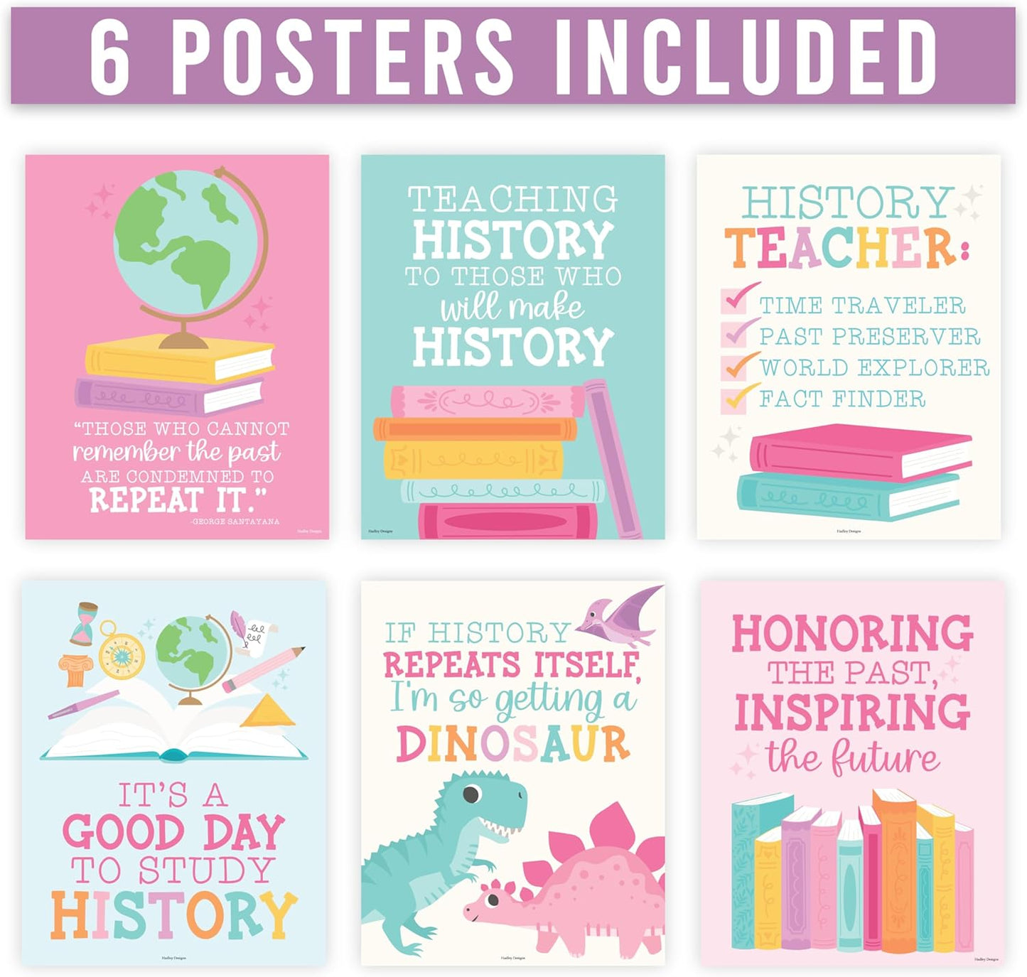 Hadley Designs 6 Social Studies Classroom Decorations – US History Posters for Elementary, Middle School and High School, Durable World History Wall Art for Teachers - Pastel Classroom Decor