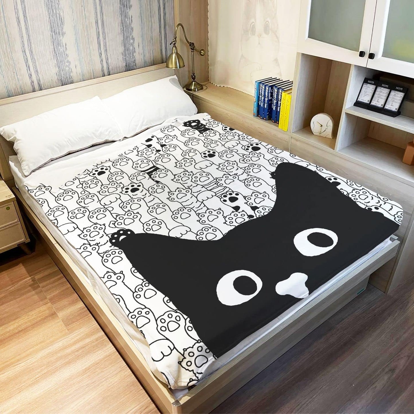 Cat Paw Throw Blanket Black Cat Pattern Paw Sketch Fleece Blanket Soft Warm Cozy for Kids Adult Gifts 60"x80"