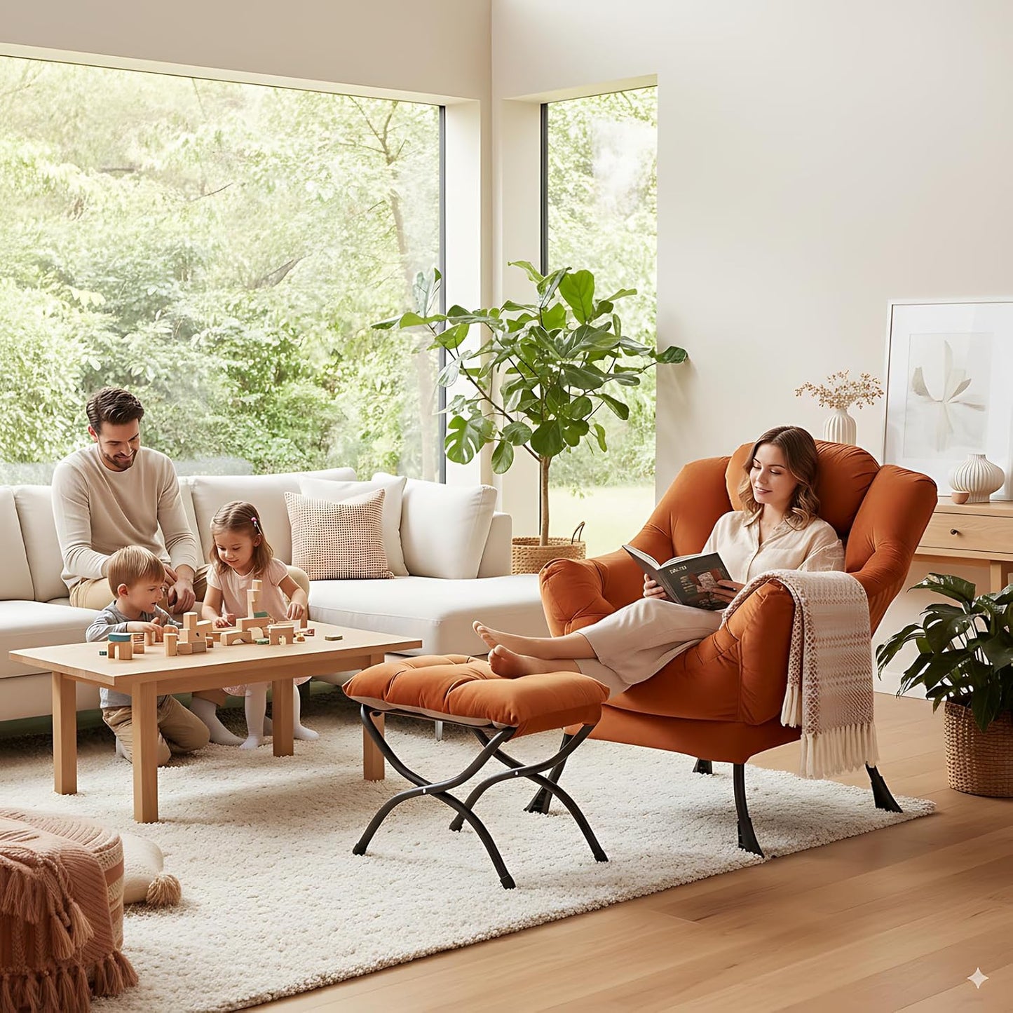 LITA Lazy Chair with Ottoman, Modern Lounge Accent Chair with Armrests and a Side Pocket, Leisure Upholstered Sofa Chairs Set, Reading Chairs with Footrest for Small Space,Orange