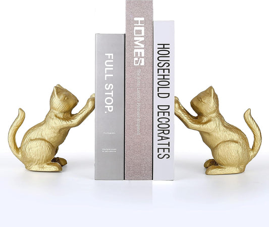 Ambipolar Lucky Cat Decorative Bookend, Heavy Duty Cast Iron, Vintage Shelf Decor, Gold, T3-66