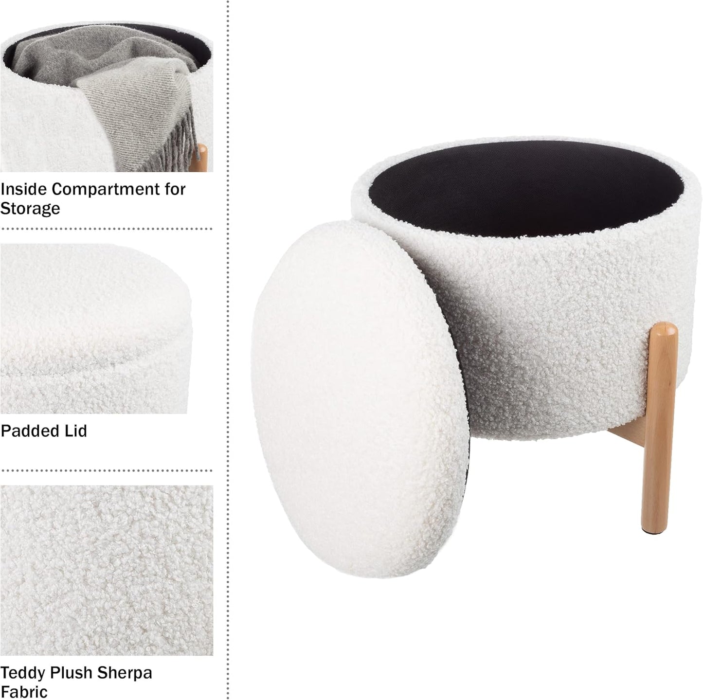 Round Sherpa Storage Ottoman Pouf with Removable Lid – Plush Couch Footrest & Hidden Organizer for Small Spaces, Dorm or Living Room by Lavish Home (White)