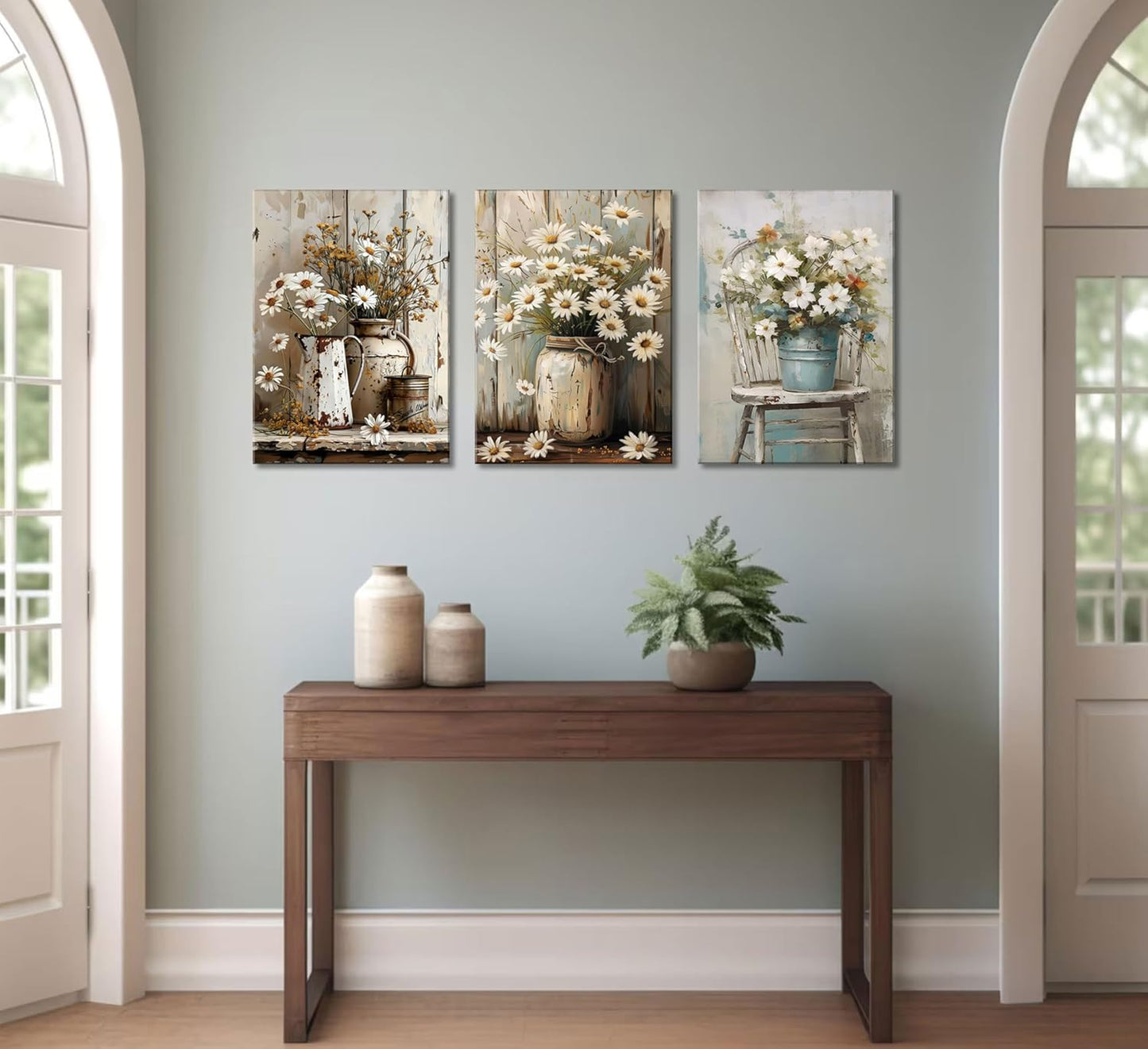 3Pcs Rustic Farmhouse Floral Canvas Wall Art Elegant White Daisy Poster Prints Vintage Country Floral Picture Wood Grain Painting Artwork Pastoral Wall Decor for Bedroom Living Room 16x24in Framed