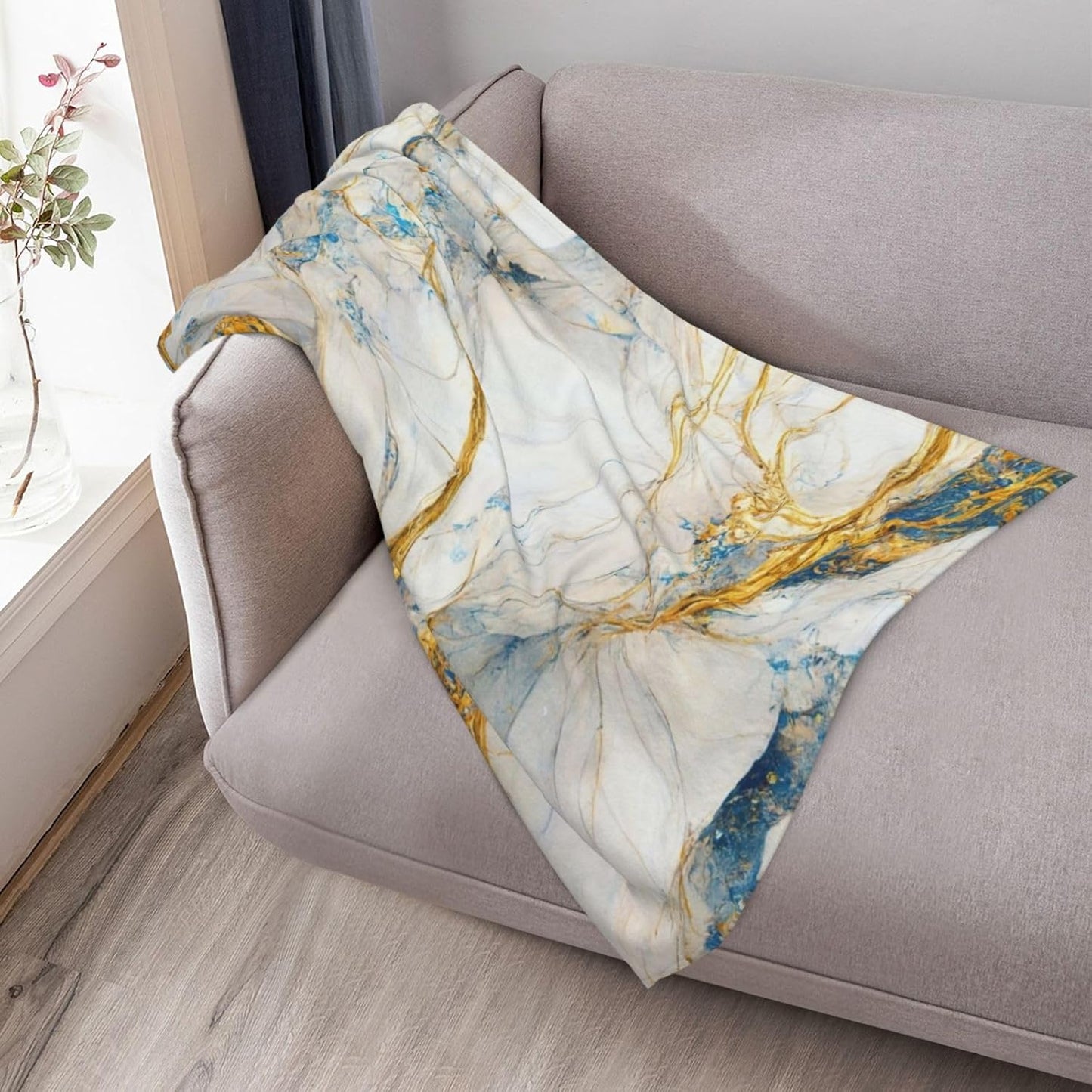 Abstract Luxury Blue Gold White Colors Marble Throw Blanket Cozy Warm Blankets Soft Flannel Blankets Gift Home Bedding Living Room Couch Sofa Bed for All Seasons Blanket 40x50inch