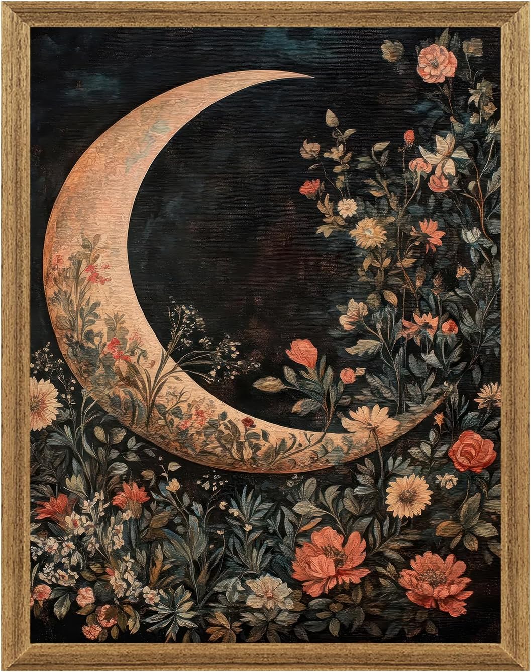 Palette Dreams Wood Framed Crescent Moon Wall Art with Vintage Floral Design, Wall Decor Art Print, Fade Resistant Canvas, Easy to Hang, for Bedroom Living Room Home Office Decor, 12x16 Inches