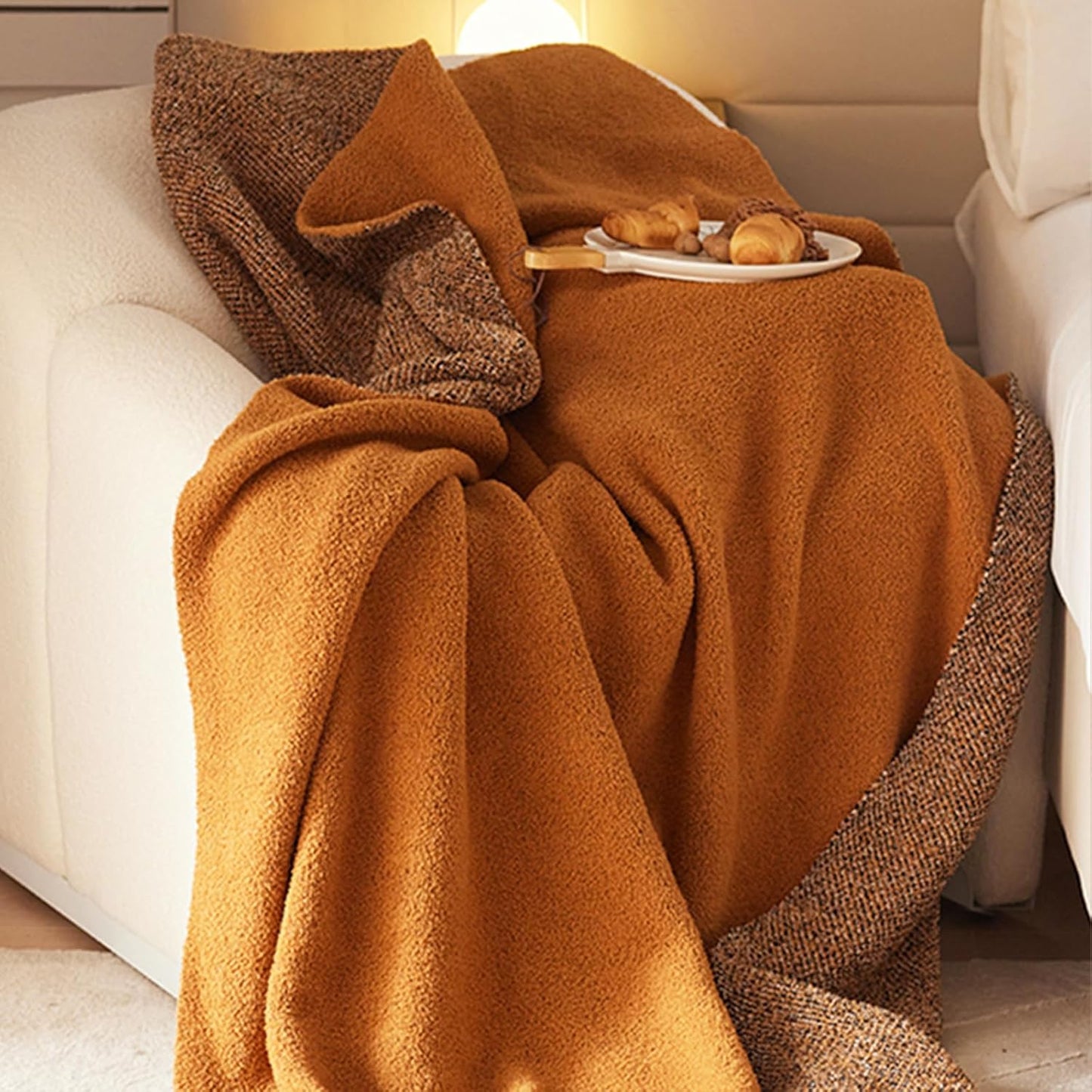 Burnt Orange Throw Blanket 50x70, Reversible Textured Fleece Blankets for Couch and Bed, Soft Warm Decorative Cozy Sofa Blanket for All Seasons