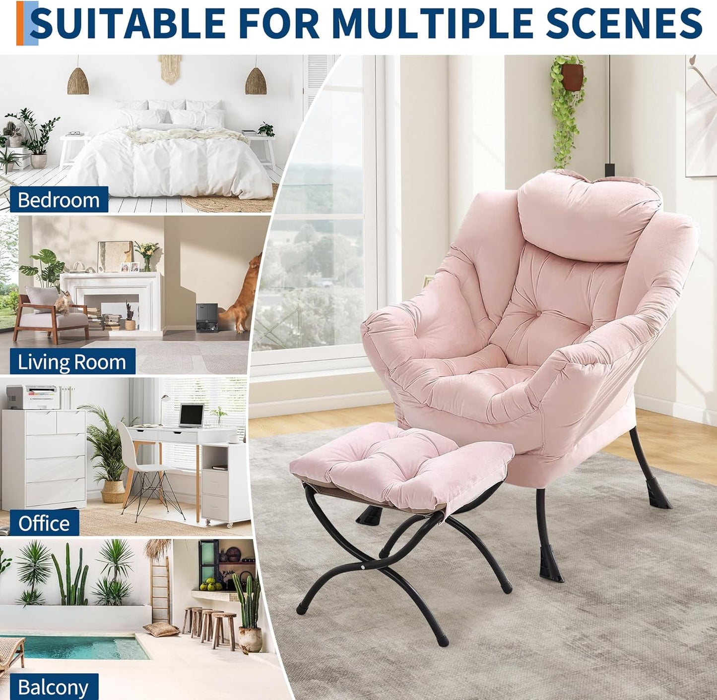 GarveeHome Lazy Chair with Ottoman, Modern Lounge Accent Chair, Leisure Sofa Armchair with Footrest, Reading Armchair with Side Pocket for Living Room, Bedroom, Dorm & Office