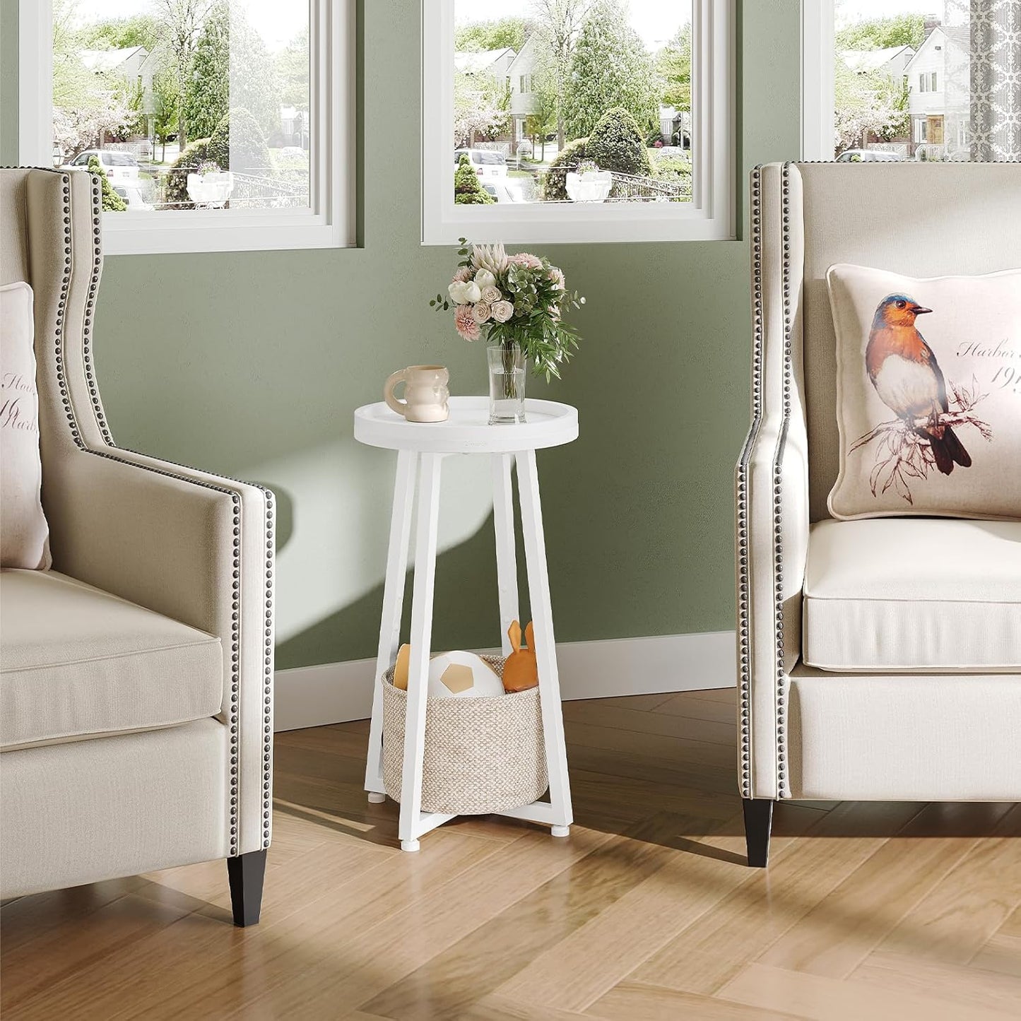 HOOBRO Small Round Side Table, 2-Tier Round Sofa End Table, Compact Nightstand with Cotton Linen Storage Basket, for Small Space, Living Room, Bedroom, Dorm, White WW183BZ01