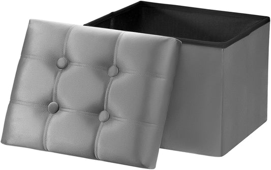 AmasSmile Storage Ottoman Foot Rest Stool, 17 inch Velvet Footstool Bench, Short Ottomans Stool, Small Folding Storage Ottoman Store Books, Records, Grey