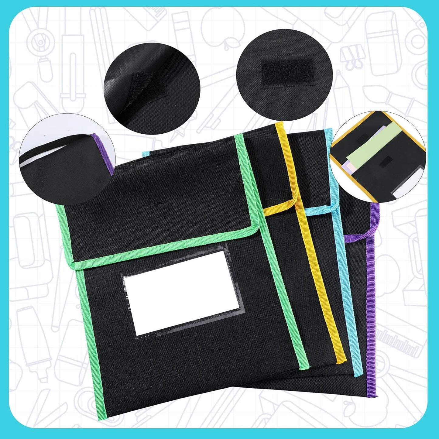 Outus 48 Pcs Medium Book Pouches for Classroom, Nylon Black Reading Book Bags for Student with Clear Name Tag, 10" x 12", Pocket on Handle Chair Pockets for Classroom Students School Home