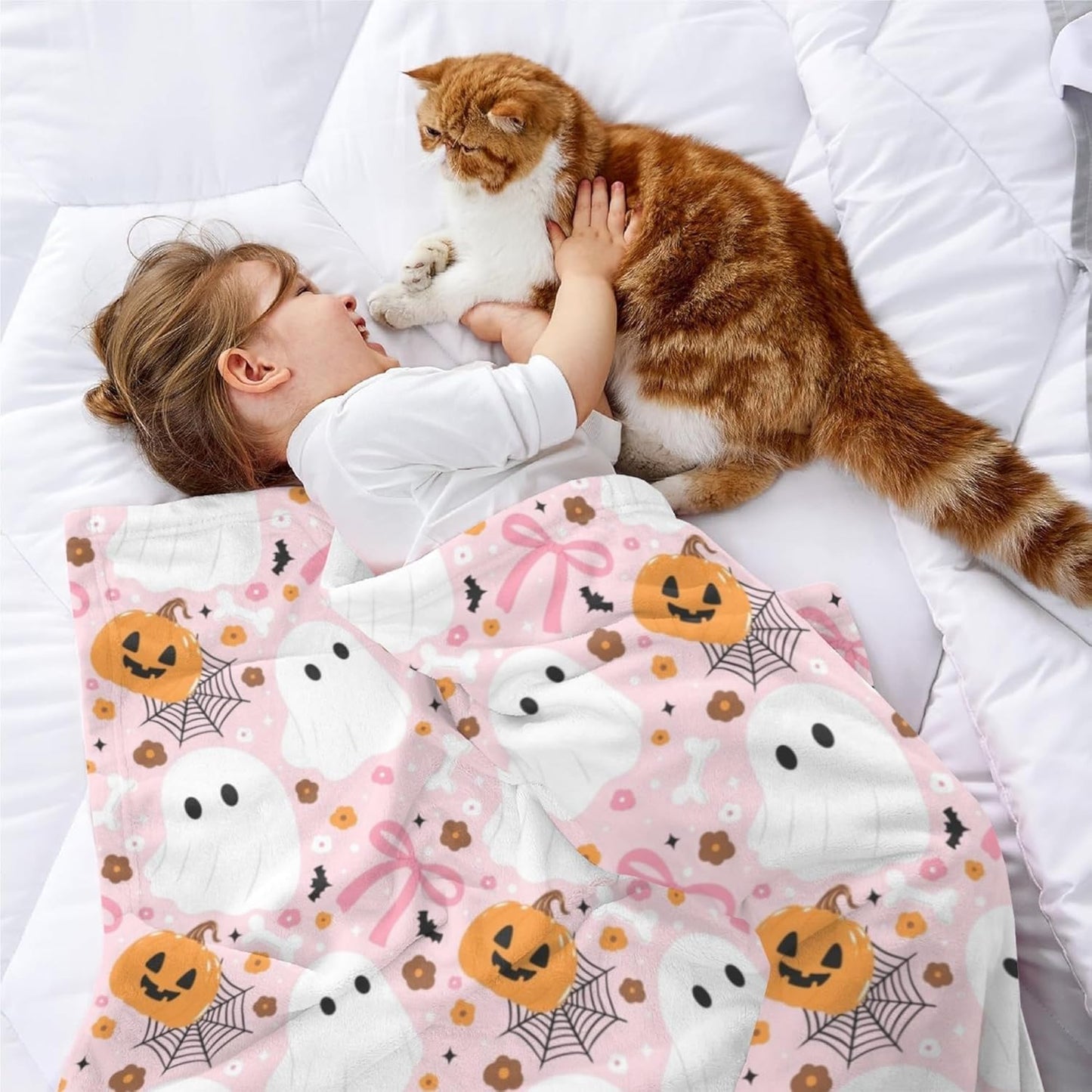 Halloween Pink Bow Ghost Throw Blanket,Halloween Flannel Blankets Throw,Soft Cozy Throw Blanket for Sofa Bed Living Room Holiday Party Decor,Throw Blankets for Women, Adults（50"x60"）