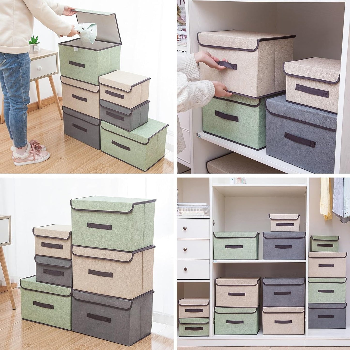 TONSHEN Foldable Hard Set of 3 (1 Gray+1 Green+1Beige) Storage Boxes Storing books, Clothing, Mini Underbed Storage Boxes (Small)