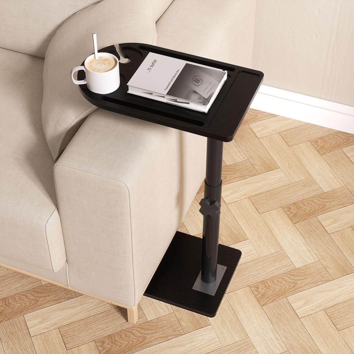 Sofa Arm Tray Table — 360° Rotatable, Height-Adjustable, Phone & Tablet Slots, TV Tray for Bed or Chair...