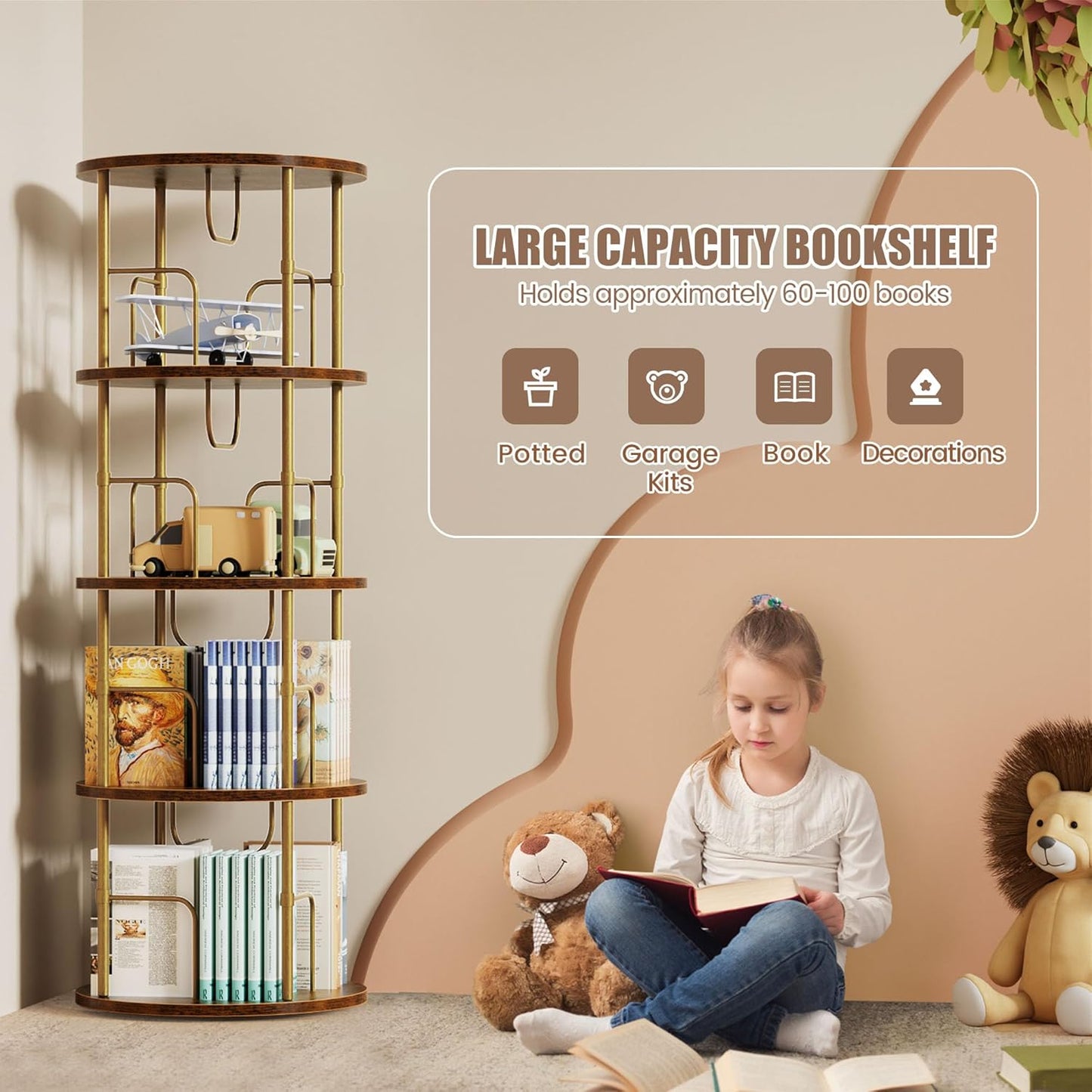 Flycity 4 Tier Rotating Bookshelf, 360° Corner Bookshelf Tower, Round Revolving Bookcase with Special Visible Partition Storage, Narrow Book Shelf Organizer for Living Room, Small Space, Gold