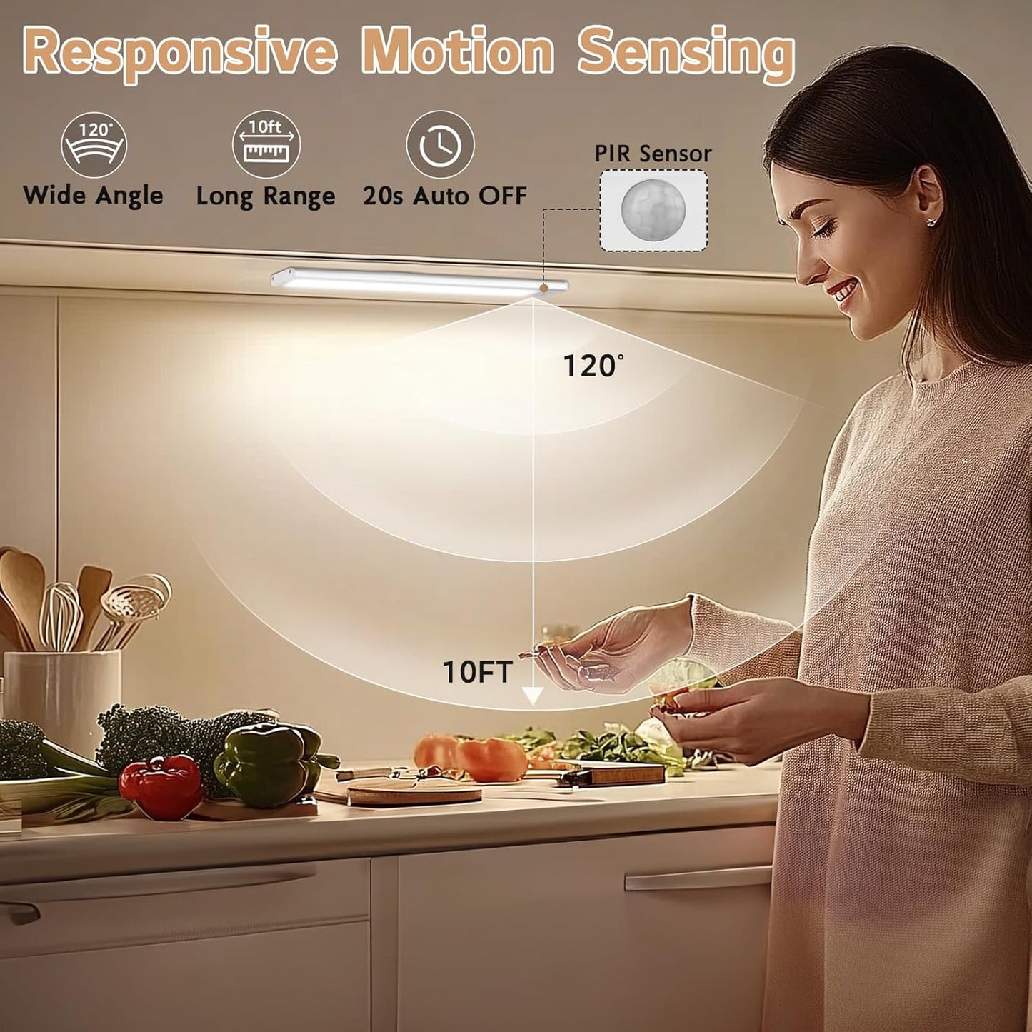 Under Cabinet Lighting Wireless, 4Pack Motion Sensor Light Indoor with 3 Color Temps, Dimmable Closet Lights Battery Operated, LED Magnetic Light, Rechargeable Under Counter Lights for Kitchen Stairs