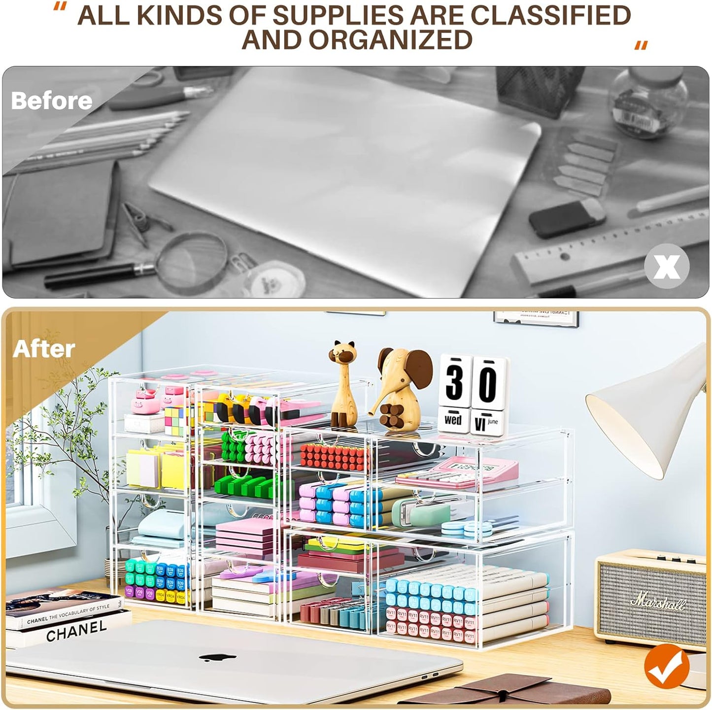Makeup Organizer Storage with 16 Drawers, 4 Pcs Desktop Office Supplies, Desk Organizers, Clear Accessories, Dustproof Storage Drawer and for Make Up, Jewelry, Pen, Stationary