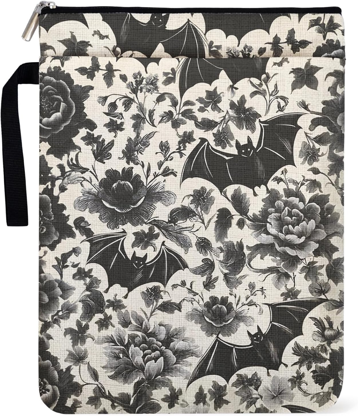 Goth Bat Rose Pattern Book Sleeve for Book Lovers with Zipper and Handle, Dark Aesthetics Theme Paperback Sleeve for Women, Bookish Group Club Halloween Gifts for Librarian