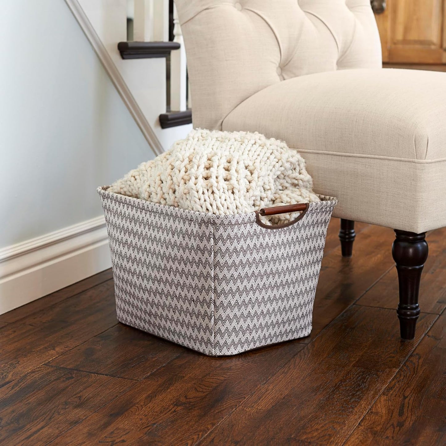 Household Essentials 661-1 Medium Tapered Fabric Storage Bin with Wood Handles | Brown Chevron