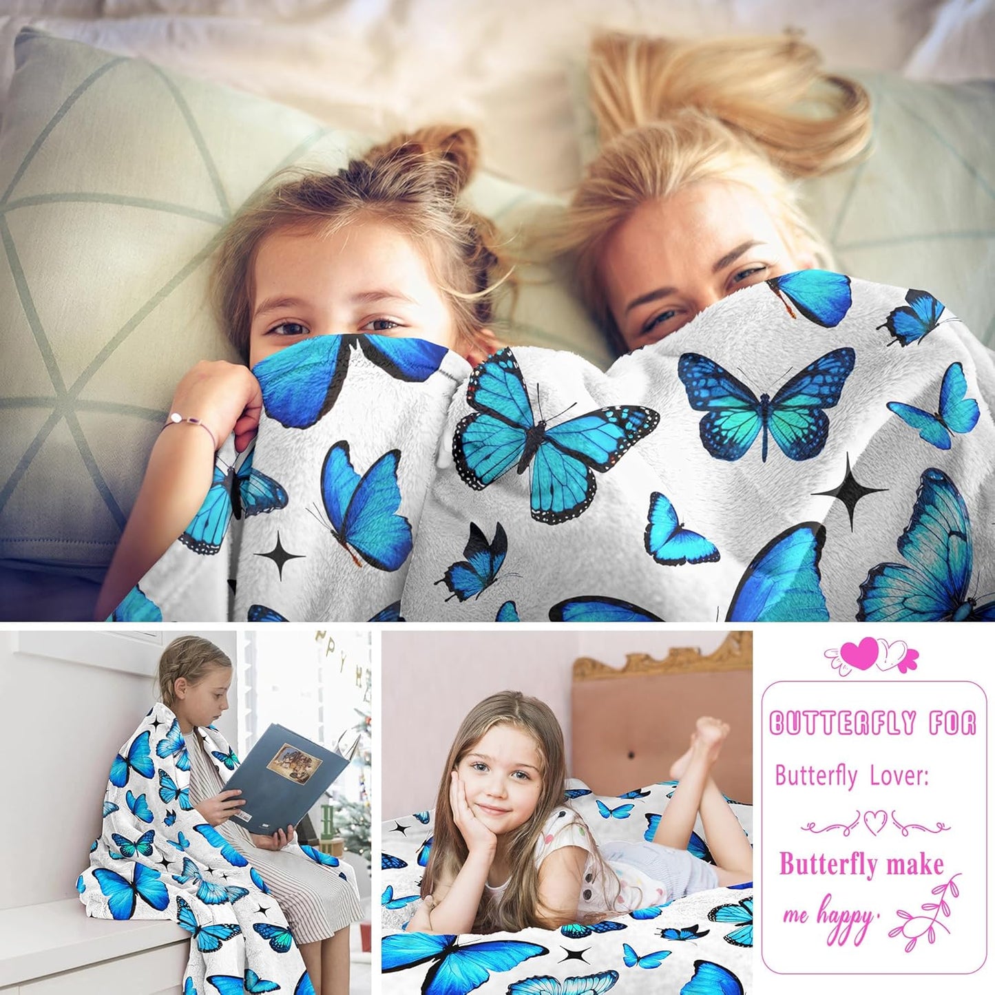 Butterfly Blanket Gifts for Women Girls Soft Flannel Blue Butterfly Throw Blanket Birthday Gifts Bedding Decor for Kids Adults All Season 50" x 40"