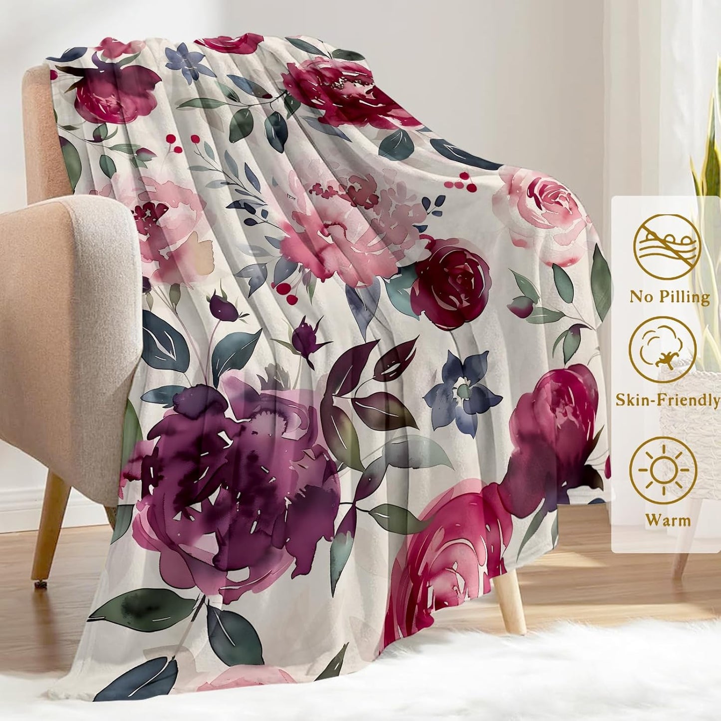Vintage Floral Flannel Blanket - Romantic with Blush and Burgundy Rose on Cream Throw - Soft Cozy Gifts Blankets for Women & Flower Lovers,Modern Classic Decor,Home Room Accent 50x60in