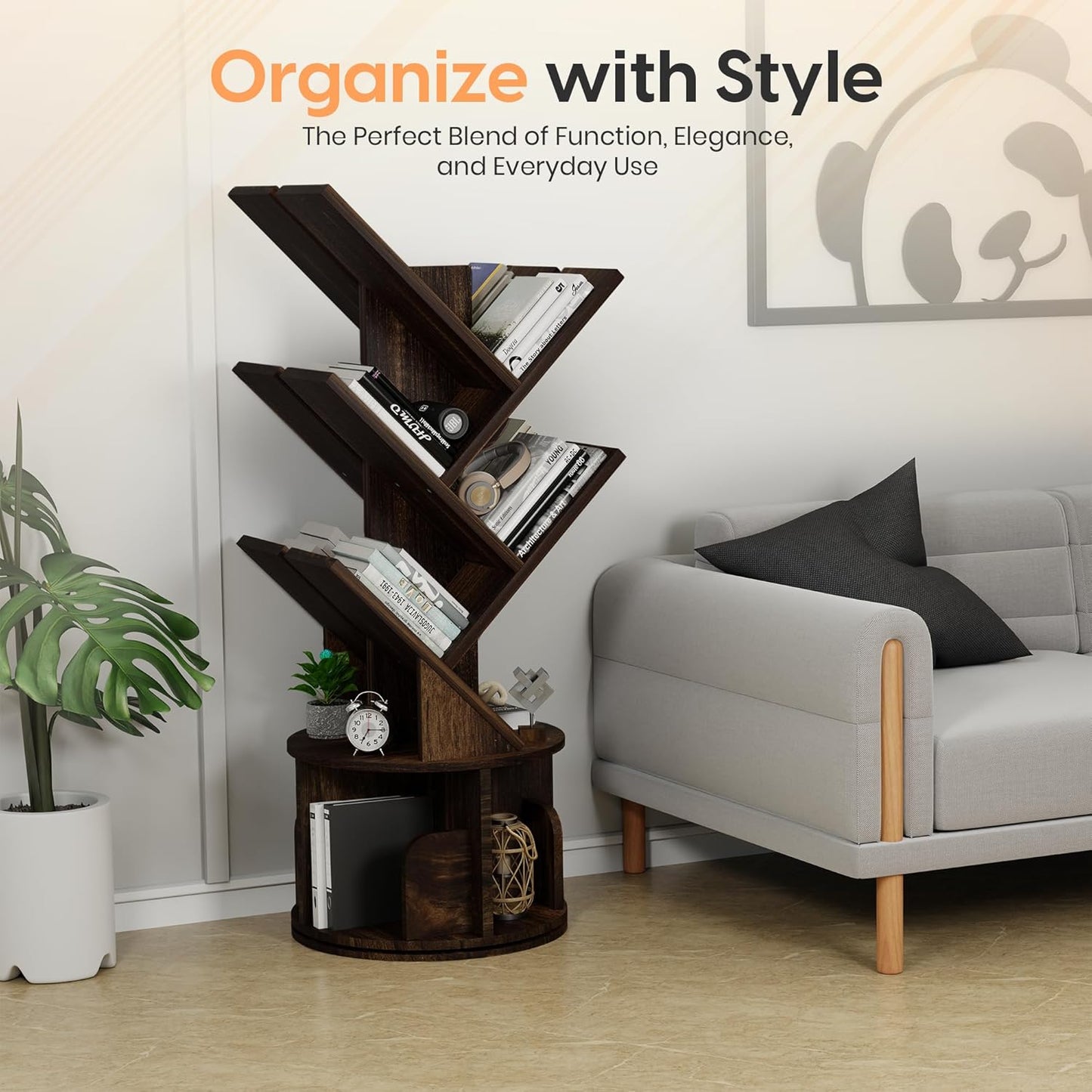 Rotating Bookshelf Tree, 5 Tier Space Saving Narrow Bookcase, Unique 360° Spinning Tower, Premium Wood Corner Book Shelf for Kids or Office, Tall Standing Storage Organizer