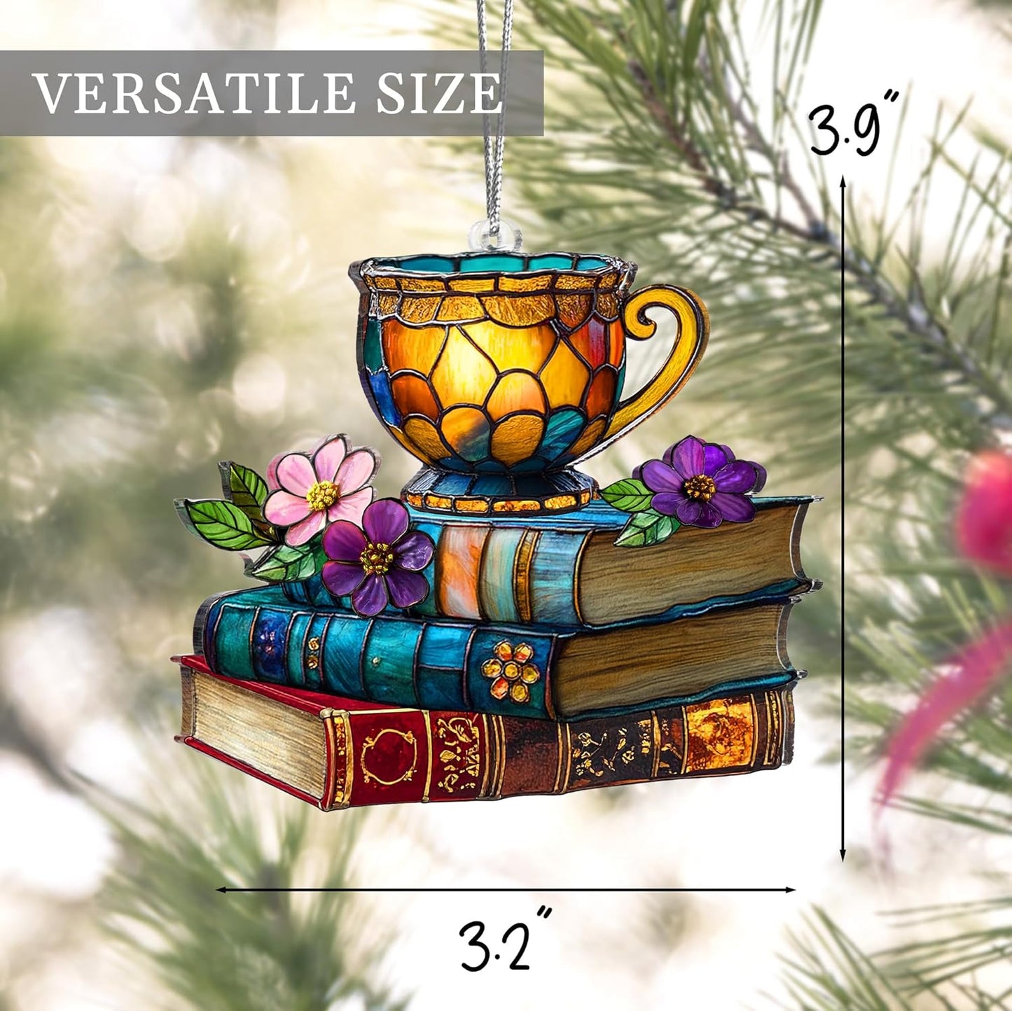 Jabihome Book Ornament Faux Stained Glass, Bookish Gifts for Librarian, Book Lovers, Reader, Teacher, Women, Bookclub, Suncatcher Window Hanging Acrylic Decor for Christmas Tree (Tea Tales)